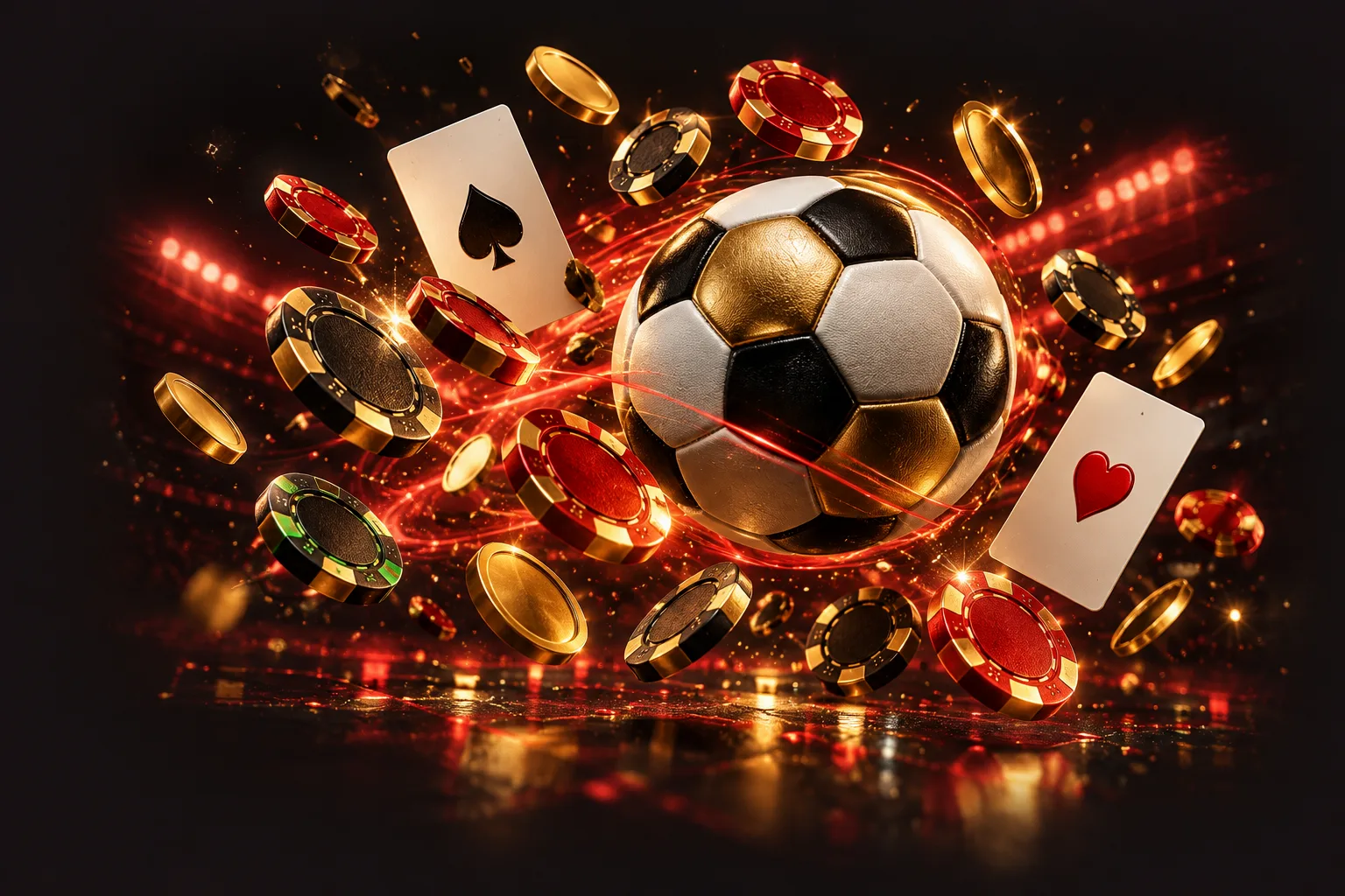 Fichas, cartas y un balón con luces rojas sobre fondo oscuro de Betk Casino